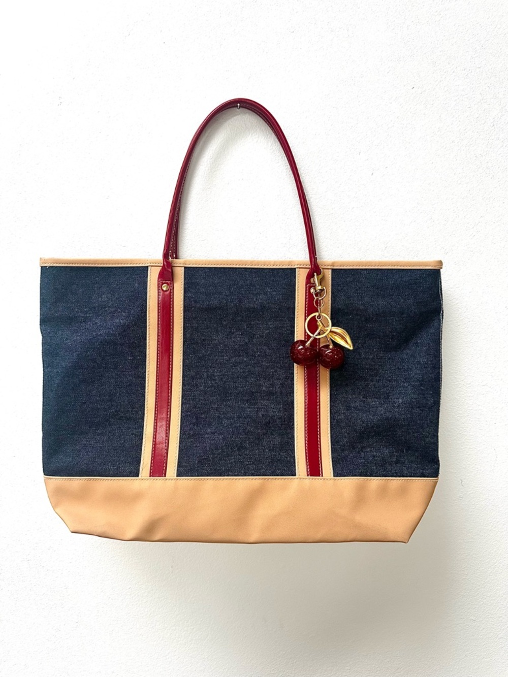 Y2K Denim / Cherry Red Tote Bag —  Red Trim Canvas Summer Tote